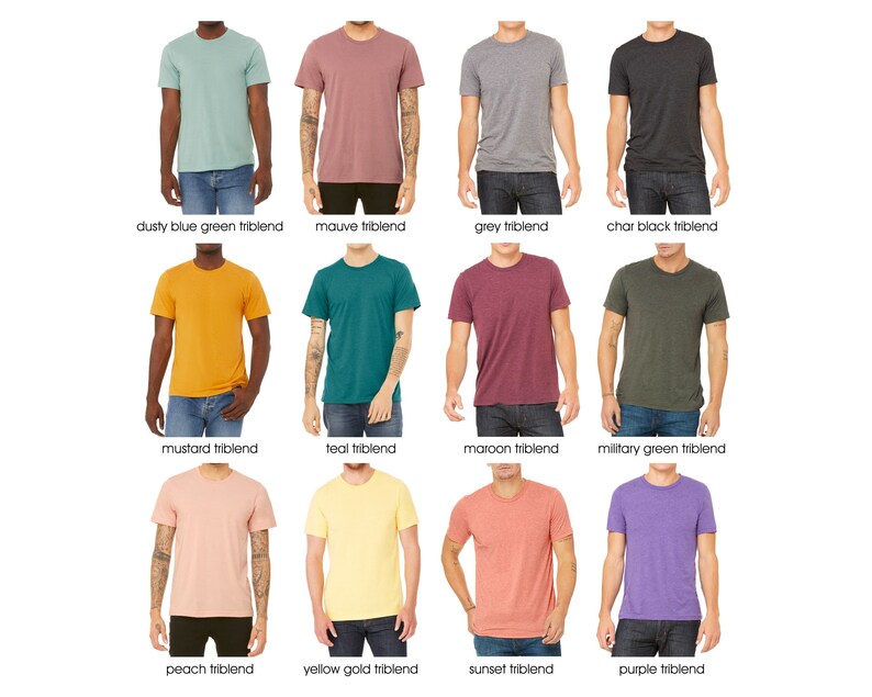 Puede incluir: Un collage de 12 camisetas de varios colores, incluyendo verde azulado polvoriento, malva, gris, negro carb&oacute;n, mostaza, verde azulado, granate, verde militar, melocot&oacute;n, dorado amarillo, atardecer y morado. Cada camiseta se muestra en un modelo que lleva pantalones vaqueros azules.