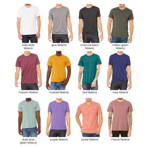 May include: A collage of 12 t-shirts in various colors, including solid white, gray, charcoal black, military green, maroon, mustard, teal, navy, dusty blue green, purple, sunset, and mauve. Each t-shirt is a triblend.