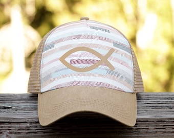 Christian Fish on a Trucker Hat with Stripes in Trendy Fashion Colors for Women and Teen Girls, Mesh Back with Snapback Closure