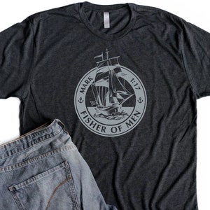 Mens Christian Shirts Dad Birthday Gifts for Men Christian T Shirt Fisher of Men Mark 1:17 Bible Verse Shirt Jesus Shirt