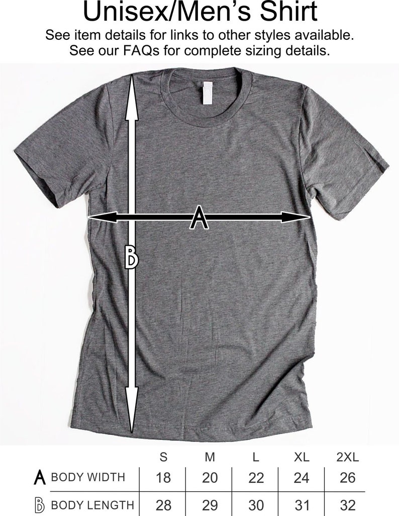 May include: A gray t-shirt with size chart showing body width and body length measurements in inches for sizes S, M, L, XL, and 2XL.