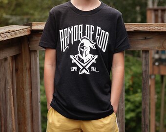 Kids Christian Shirts Armor of God Shirt Boys Christian Shirts Youth Christian T Shirt Bible Verse Tee Jesus Tshirt with Knight & Swords