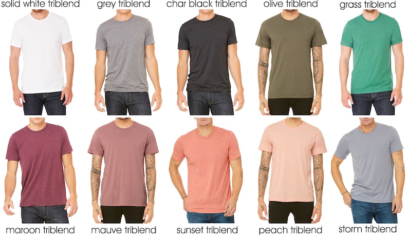 Op de afbeelding: Tien verschillende gekleurde T-shirts, allemaal met triblend-stof. De kleuren zijn wit, grijs, antraciet, olijf, gras, donkerrood, mauve, zonsondergang, perzik en storm.