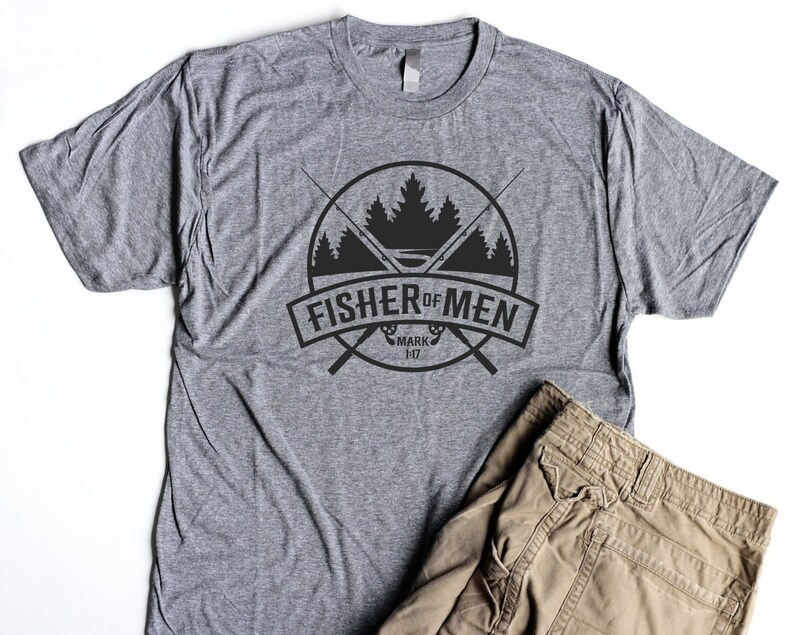 Mens Christian Shirts Dad Birthday Gifts for Men Christian T Shirt Fisher of Men Mark 1:17 Bible Verse Shirt Jesus Shirt deep hea gray w/ blk