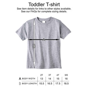 May include: A size chart for toddler t-shirts with measurements in inches for body width and length. The chart shows sizes 2T, 3T, 4T, and 5/6.