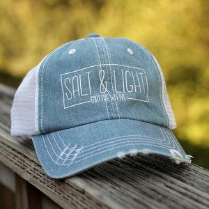 Salt & Light Distressed Trucker Hat for Women Unstructured Denim Baseball Cap Ladies Mesh Hat Christian Hats for Teen Girls