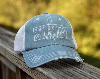 Salt & Light Distressed Trucker Hat for Women Unstructured Denim Baseball Cap Ladies Mesh Hat Christian Hats for Teen Girls