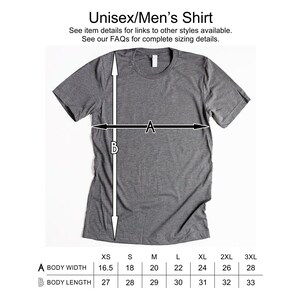 May include: A size chart for a unisex shirt showing the body width and length in inches for sizes XS to 3XL.