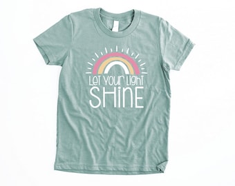 Let Your Light Shine Rainbow Shirt for Girls Youth Christian Shirts Kids Bible Verse T Shirt Jesus Tshirts Faith T-shirt Boho Tween Tees