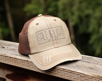 Salt & Light Distressed Trucker Hat for Men Unstructured Denim Baseball Cap Mesh Hat Christian Hats for Women