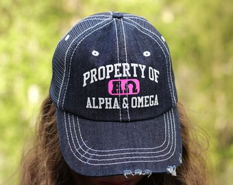 Property of Alpha & Omega Distressed Christian Trucker Hat for Men, Women, and Teens in Unstructured Denim Baseball Cap style with mesh back