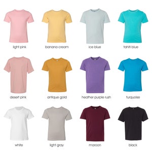 May include: A set of ten blank t-shirts in various colors, including light pink, banana cream, ice blue, tahiti blue, desert pink, antique gold, heather purple rush, turquoise, white, light gray, maroon, and black.