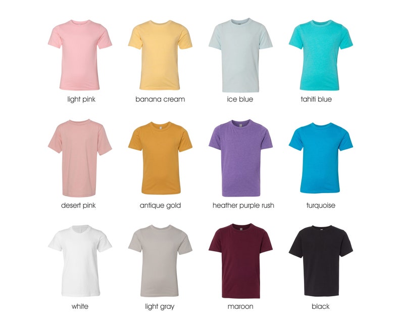 May include: A set of ten blank t-shirts in various colors, including light pink, banana cream, ice blue, tahiti blue, desert pink, antique gold, heather purple rush, turquoise, white, light gray, maroon, and black.