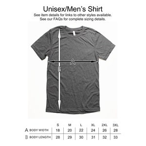 May include: A size chart for a unisex t-shirt showing the body width and body length measurements in inches for sizes S, M, L, XL, 2XL, and 3XL.