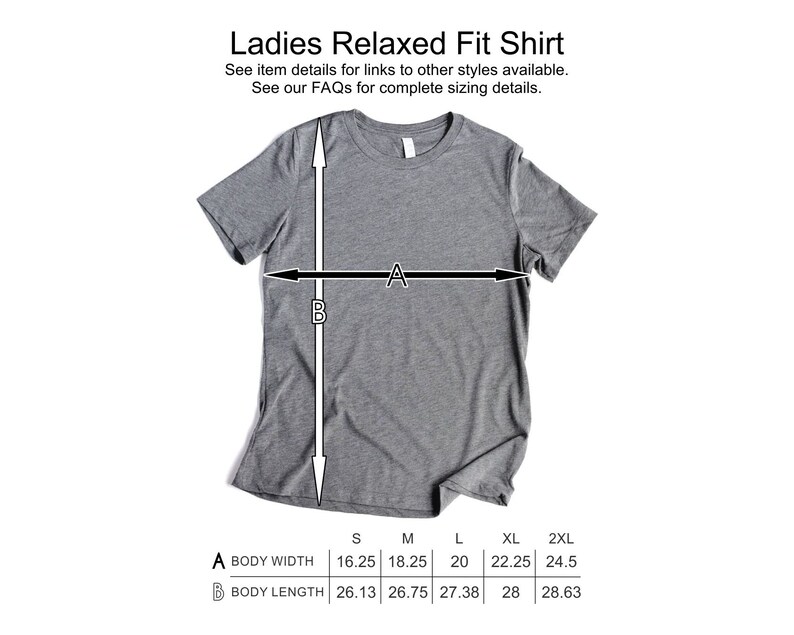 May include: A gray relaxed fit t-shirt with measurements for different sizes. The measurements are labeled "Body Width" and "Body Length" and are in inches. Sizes include S, M, L, XL, and 2XL.