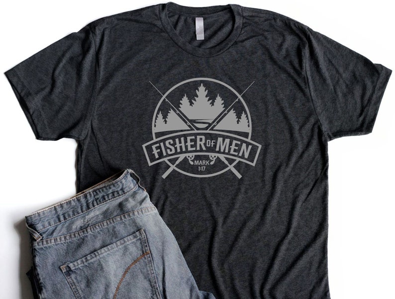 Mens Christian Shirts Dad Birthday Gifts for Men Christian T Shirt Fisher of Men Mark 1:17 Bible Verse Shirt Jesus Shirt hea black w/ gray