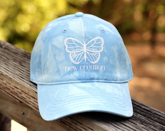 New Creation Butterfly Christian Baseball Cap for Women, Teen Girls and Tweens with Bible Verse, Tie Dye Dad Hat in pink, blue, purple, etc.