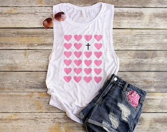 Muscle Tank Women Christian T Shirts Women Jesus Heart Shirt Cross Tank Top Christian Valentine Gift for Her Valentines Day Shirts