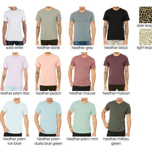 May include: A selection of t-shirts in various colors, including solid white, heather stone, heather grey, heather black, heather prism lilac, heather peach, heather mauve, heather maroon, heather prism ice blue, heather prism dusty blue green, heather prism mint, and heather military green.  There are also two leopard print patterns, one dark and one light.