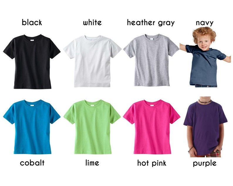 May include: A set of ten plain t-shirts in various colors, including black, white, heather gray, navy, cobalt, lime, hot pink, and purple. The shirts are all short-sleeved and have a crew neck.