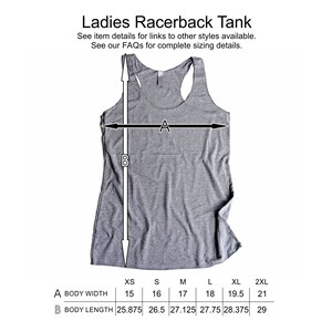 May include: Gray racerback tank top with size chart showing measurements in inches for body width and length. Sizes include XS, S, M, L, XL, and 2XL.