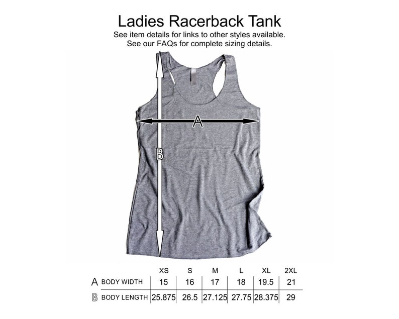 May include: Gray racerback tank top with size chart showing measurements in inches for body width and length. Sizes include XS, S, M, L, XL, and 2XL.