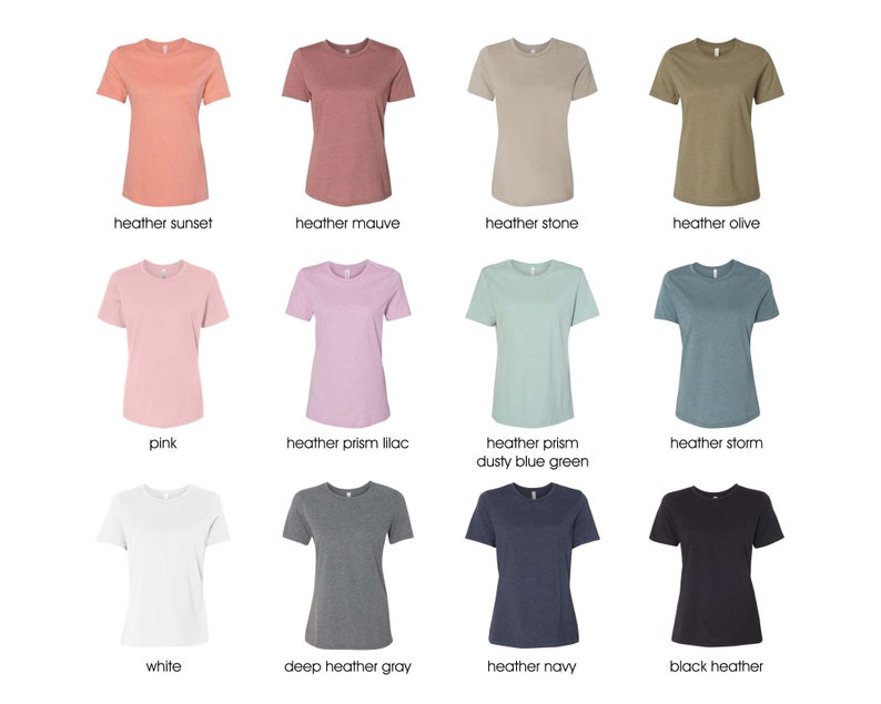 May include: A selection of 12 t-shirts in various colors and styles, including heather sunset, heather mauve, heather stone, heather olive, pink, heather prism lilac, heather prism dusty blue green, heather storm, white, deep heather gray, heather navy, and black heather.