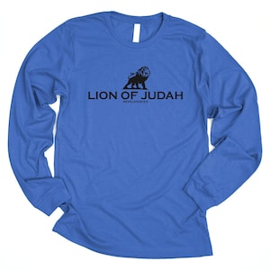 May include: A royal blue long-sleeved t-shirt with a black lion graphic and the text "Lion of Judah Revelation 5:5".