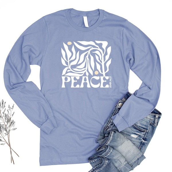 Peace John 14:27 Botanical Christian Long Sleeve Shirt for Women and Teen Girls in a unisex style with a Faith-Based blue floral theme