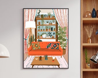 Boho Living Room Plant Art Print, Housewarming Gift