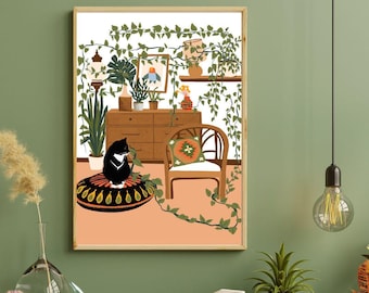 ボタニカルな猫のアートプリント｜遊び心のある猫と観葉植物のイラストでボヘミアンなインテリアを演出