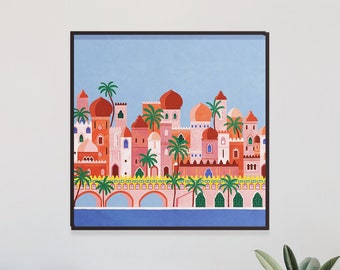 Pink Art, Castle illustration, Fantasy Architecture Poster, Girls Room Wall Art Print, Summer Art Print, Pastel Wall Art.
