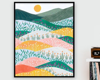 SUNRISE Art Print, Colorful Spring Poster, Mountains Illustration, Landscape Wall Art, Gift for Her, Women Empowerment.