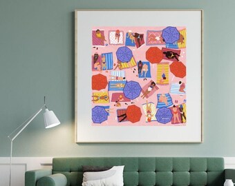May include: A colorful illustration of a beach scene with people relaxing under umbrellas. The illustration is on a pink background and features a variety of people with different skin tones and hair colors.