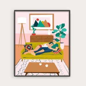 Couple Goal Art Print, Modern Couple illustration, Gift for Lovers, Couples Gift, Couple drawing, Cozy Poster, Pastel Art.
