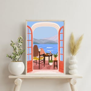 Sommer-Wein-Plakat - Gemütliches Sommerhaus, ruhiger Strandblick, Mädchen beim Lesen, friedliche Küstenillustration.