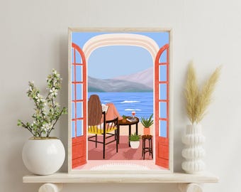 Summer Wine Poster - Cozy Summer House, Serene Beach View, Girl Reading, Peaceful Coastal Illustration.