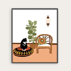Cat Plant illustration, Cute Cat Art, Cat Poster, Cat Art Print, Cat Lady Gift, House Plant Art, Bohemian Wall Art Print, Pastel Art.