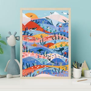 Póster del océano, regalo de cumpleaños, regalo para los amantes del océano, vida submarina, impresión artística de pared para guardería de niños, dibujo de coral, ilustración de tiburón.