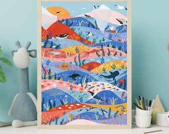 Ocean Life Nursery Art Print, koraalrif, haai illustratie