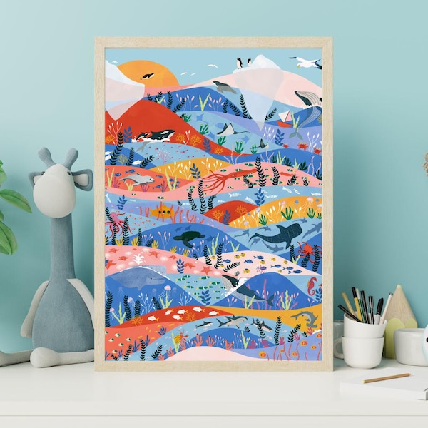 Ocean Life Nursery Art Print, Coral Reef, Shark Illustration