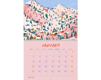 Calendario de pared ilustrado 2026: Impresión artística "Escapadas pacíficas"
