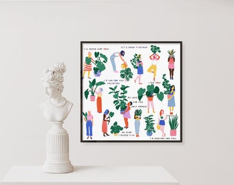 Illustration d’amour végétal, dessin de plante d’intérieur, affiche des amoureux des plantes, cadeau galantine, art de soins personnels, impression d’art mural, art des dames végétales