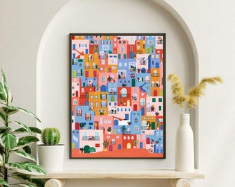 All Together Art Print, kleurrijke mensen artwork, eenheid illustratie, vriendelijkheid kunst aan de muur, vrolijke poster.