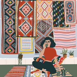 Moroccan Carpets Art Print/ Travel illustration/Bohemian Wall Decor/Plant Lovers Wall Art/Birthday Present/Coffee Lovers/Housewarming Gift image 2