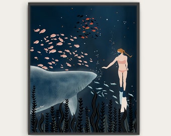 Kunstprint onderwateravontuur | Illustratie meisje duikend met haai voor oceaanliefhebbers