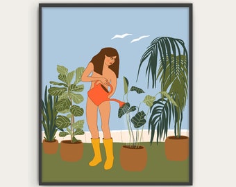 Nude Gardener Girl Illustration, Gift for Plant Lady, Plant Love, Self Love Art Decor, Pastel Wall Art.