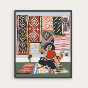 Moroccan Carpets Art Print/ Travel illustration/Bohemian Wall Decor/Plant Lovers Wall Art/Birthday Present/Coffee Lovers/Housewarming Gift image 1