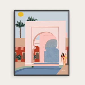 Mom & Son Illustration, Gift for Moms, Moroccan Architecture Poster, Bohemian Wall Art Print, Travel , Pastel Art. image 1