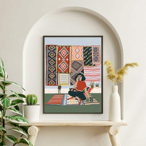 Moroccan Carpets Art Print/ Travel illustration/Bohemian Wall Decor/Plant Lovers Wall Art/Birthday Present/Coffee Lovers/Housewarming Gift